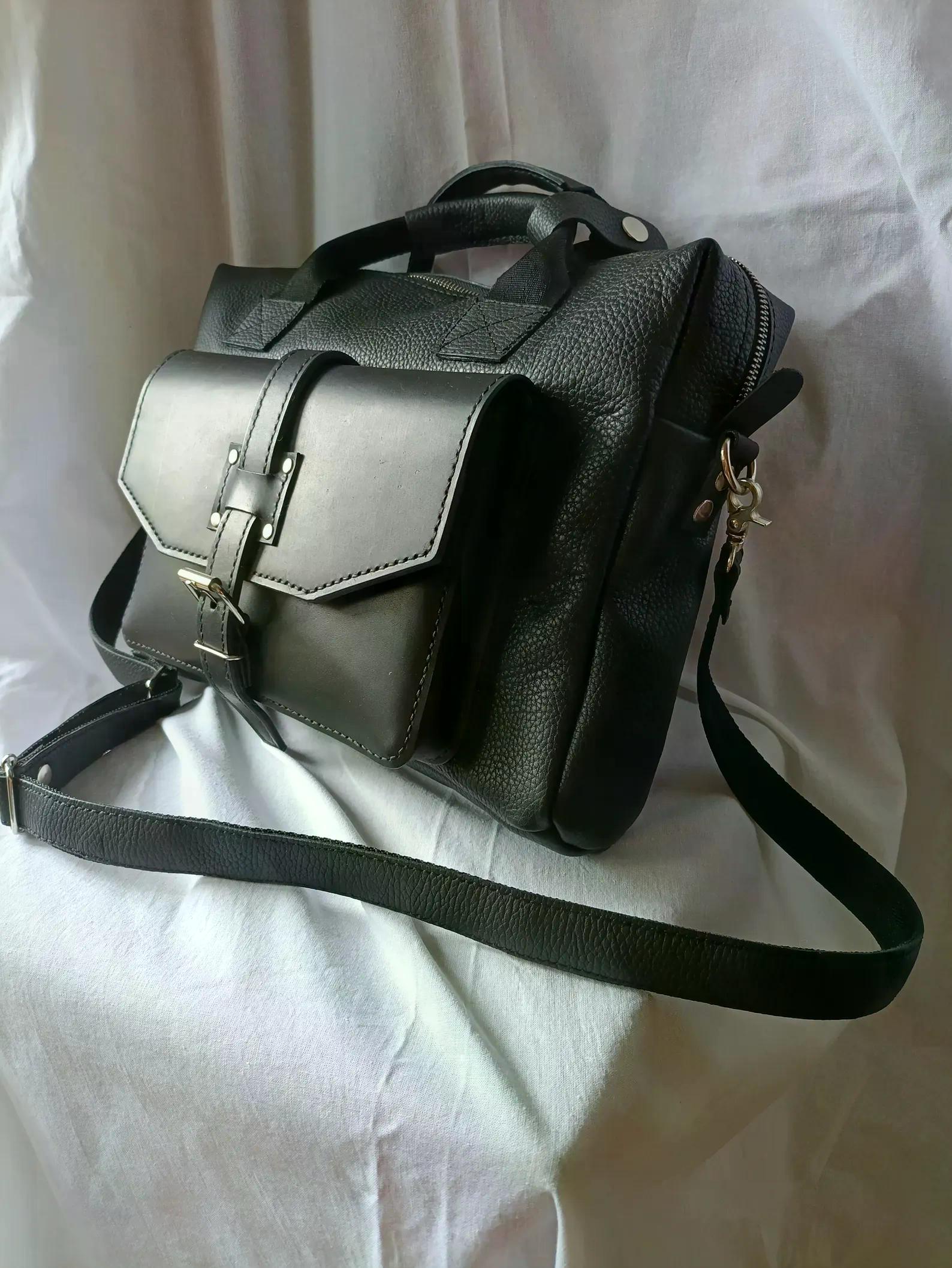 Handmade black leather satchel crossbody bag with a flap and adjustable shoulder strap