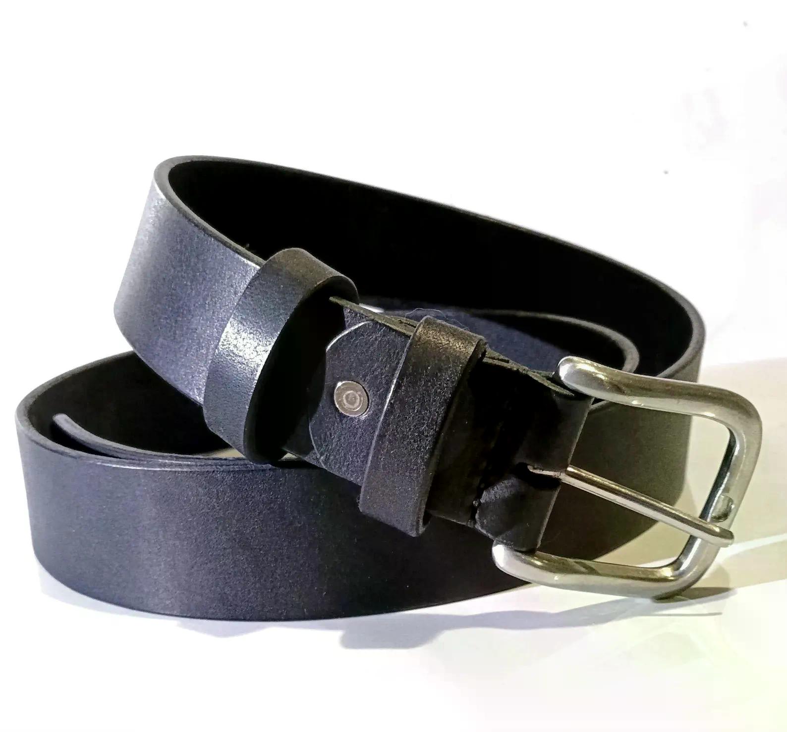 Handmade black full grain leather belt with a silver metal buckle
