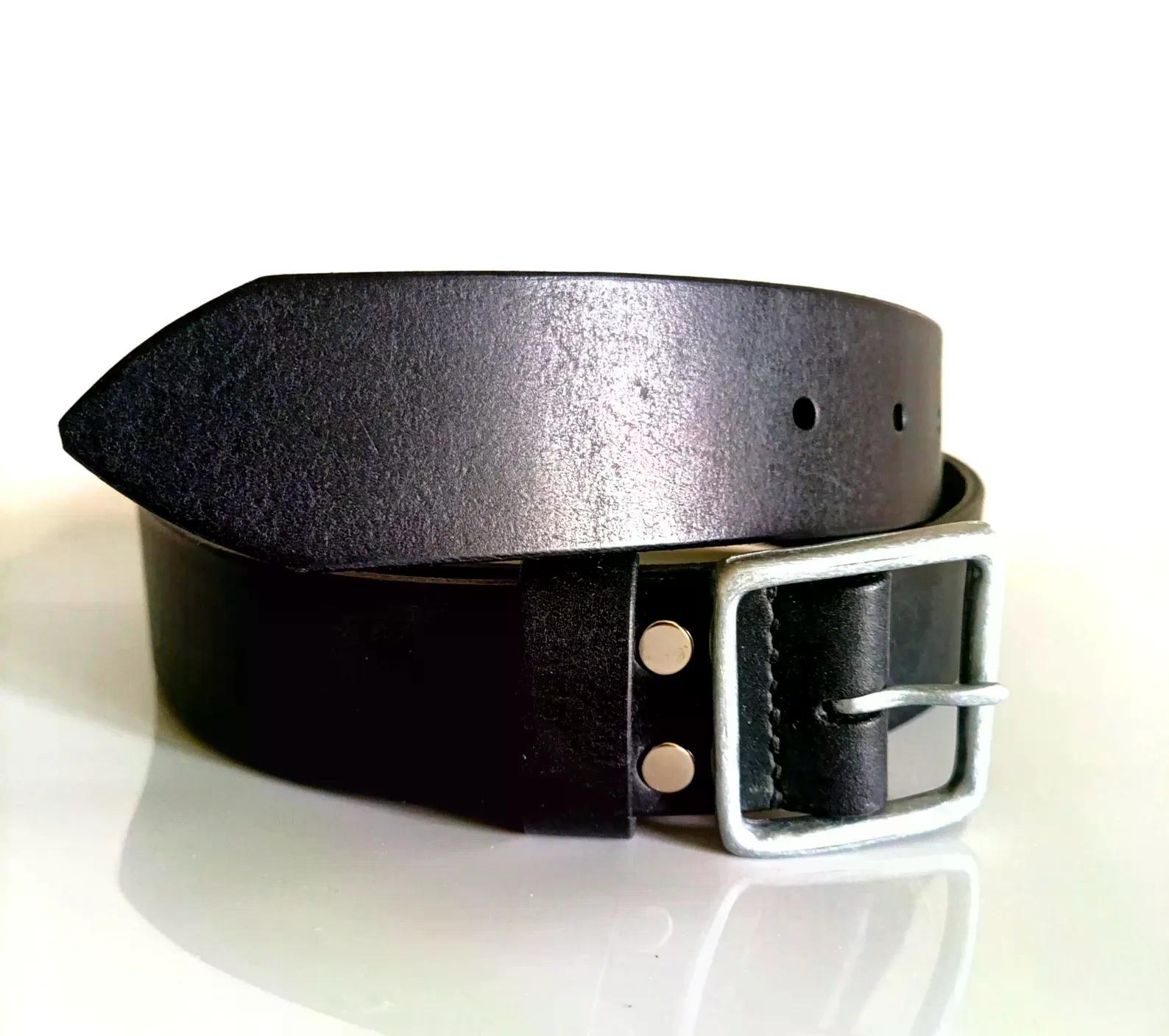 Heavy duty black leather belt with a large rectangular metal buckle