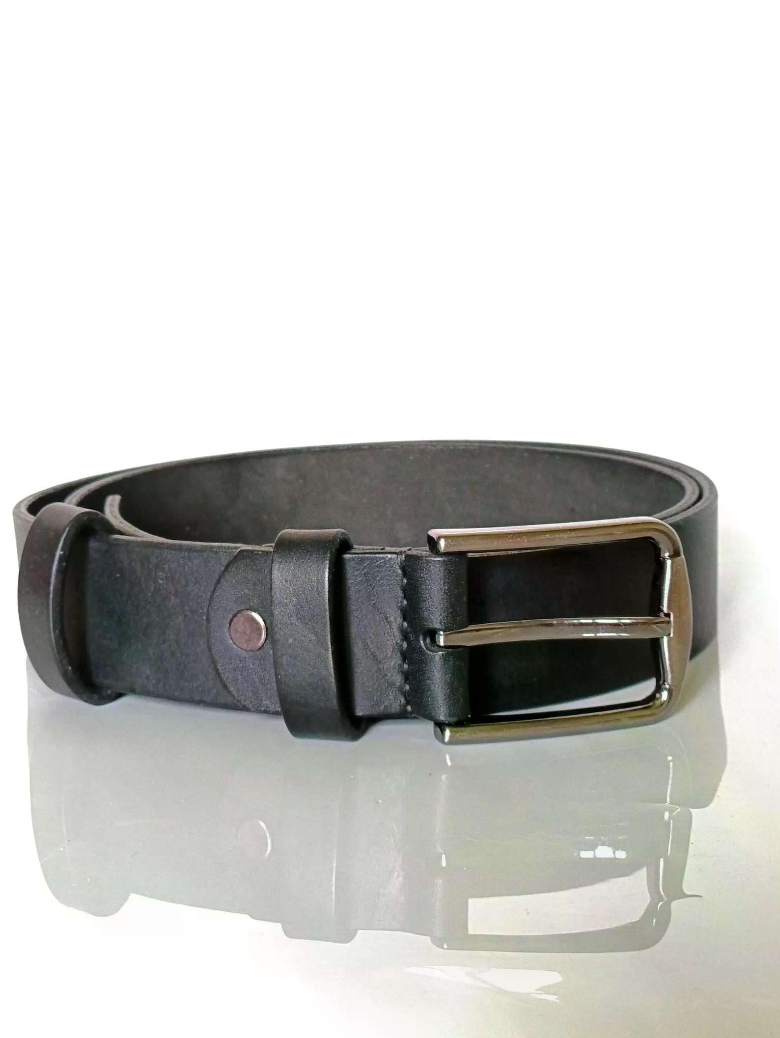 Handmade black full grain leather belt with a classic brass tone buckle